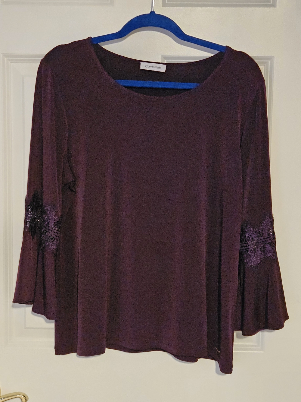 Calvin Klein Plum Top Lace-Trim Bell Sleeve Top Size L